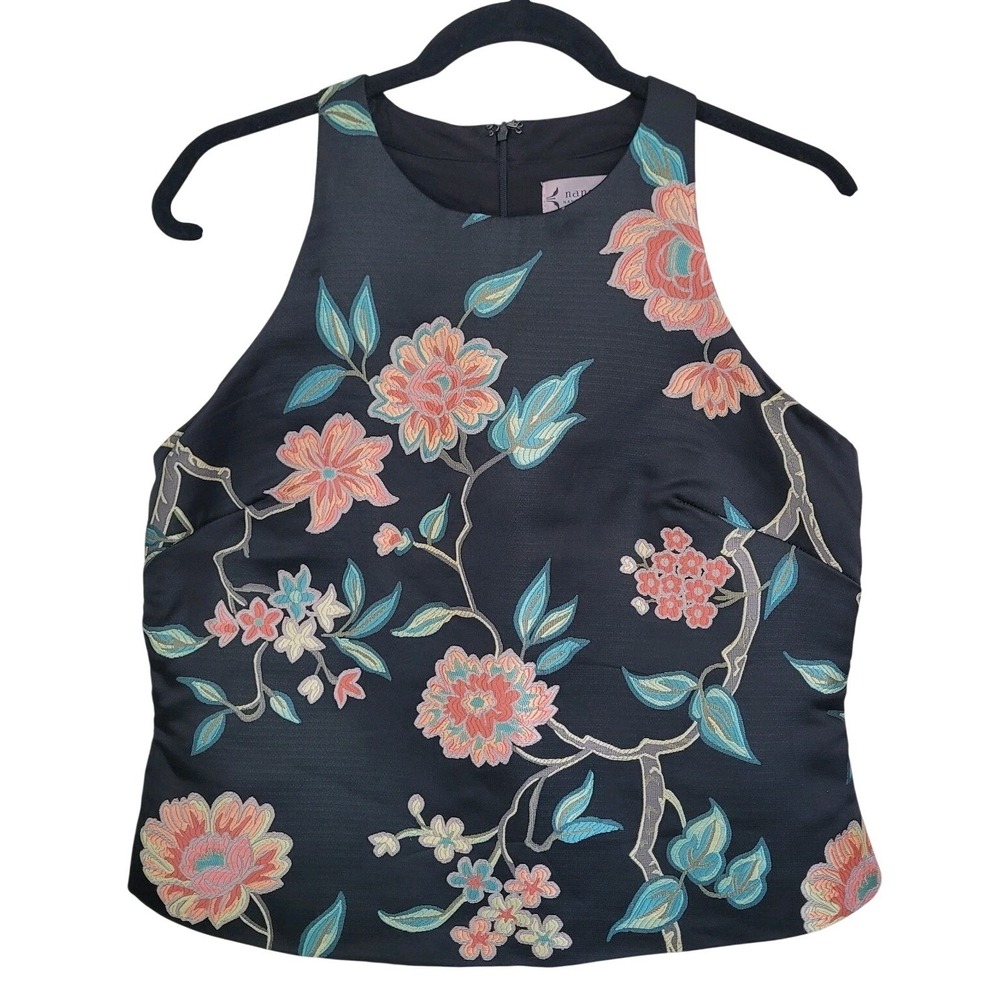 Nanette Lepore Floral Embroidered Halter Cropped Blouse S Black Floral Cottage